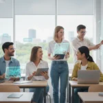 AI tools for ESL teachers,An ESL teacher in a modern classroom using a laptop with AI-generated holographic lesson plan icons.