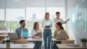 AI tools for ESL teachers,An ESL teacher in a modern classroom using a laptop with AI-generated holographic lesson plan icons.