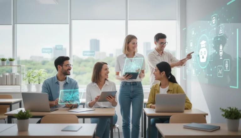 AI tools for ESL teachers,An ESL teacher in a modern classroom using a laptop with AI-generated holographic lesson plan icons.