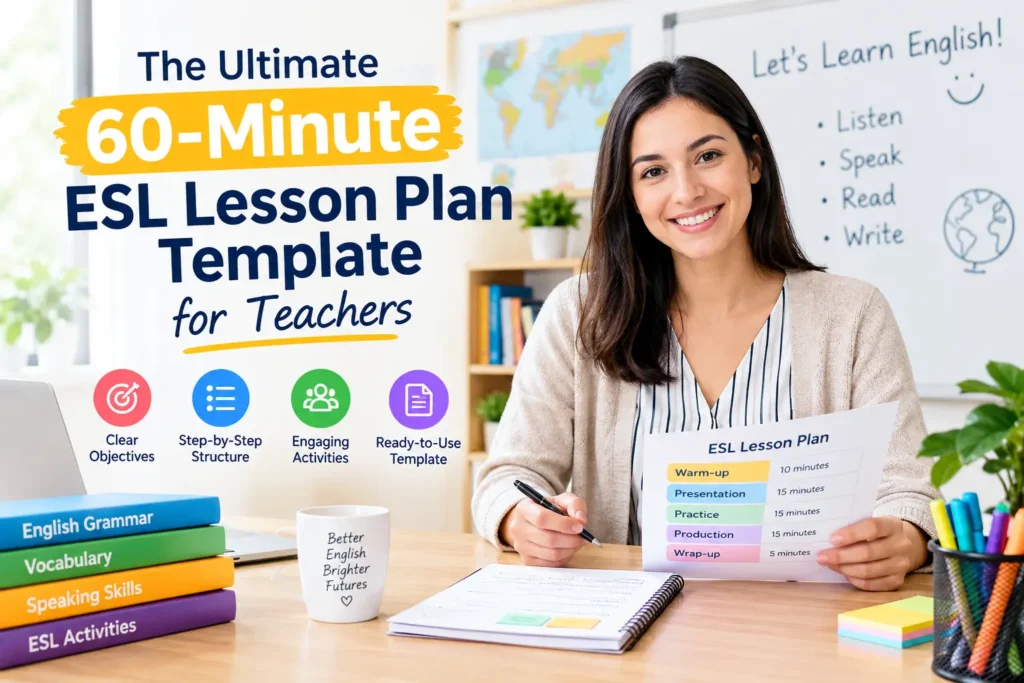 A teacher standing in an Asian classroom smiling while using a 60-minute ESL lesson plan template to guide students through an activity.