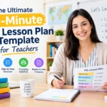 A teacher standing in an Asian classroom smiling while using a 60-minute ESL lesson plan template to guide students through an activity.