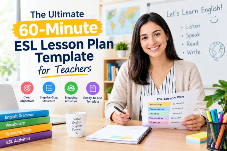 A teacher standing in an Asian classroom smiling while using a 60-minute ESL lesson plan template to guide students through an activity.