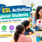 A vibrant classroom setting in Asia showing a teacher leading ESL activities for beginner students with colorful flashcards.