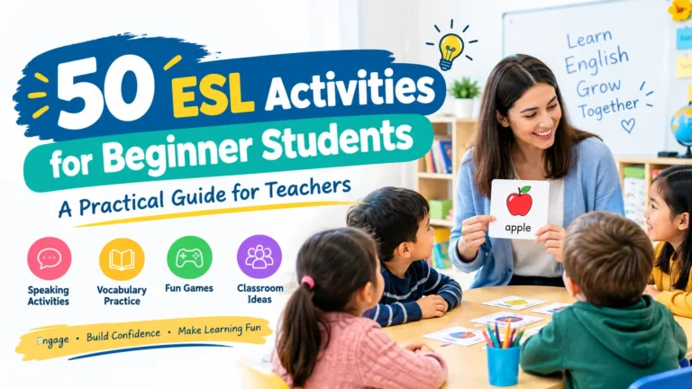 A vibrant classroom setting in Asia showing a teacher leading ESL activities for beginner students with colorful flashcards.